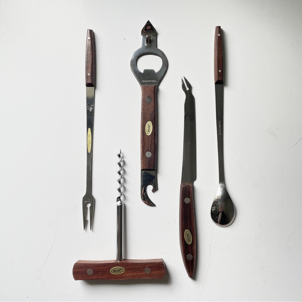 VINTAGE Japanese Stainless Steel 5 Pc Bar Set Pakka Wood Old Hollywood Regency